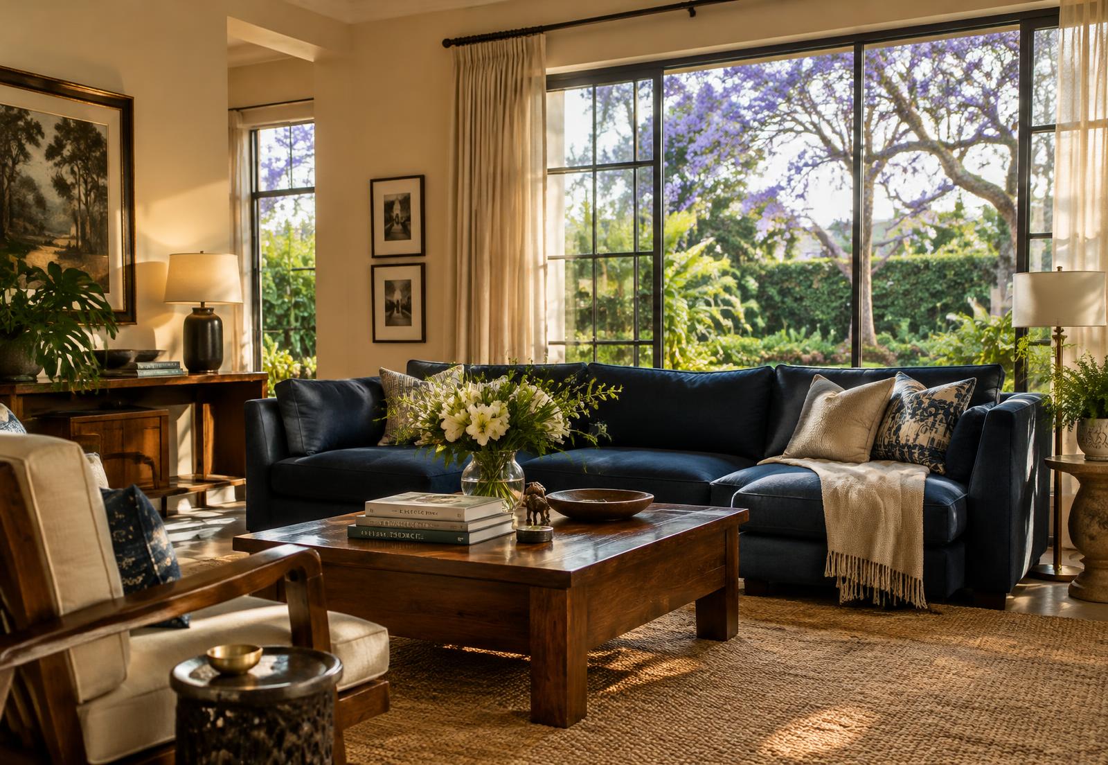 An elegant, calm Nairobi living room at golden hour